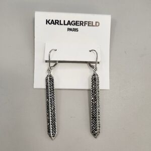 NWT Karl Lagerfeld Silver-Tone Grey PARIS Pavé Bar Linear Drop Earrings